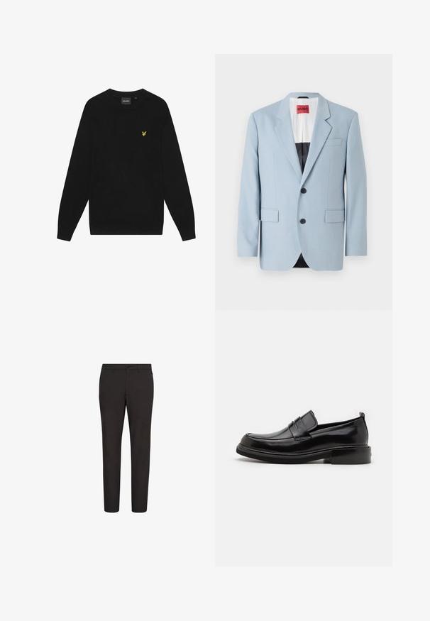 Lichtblauw blazer, enkelvoudig, met twee knopen, revers, voorzakken, interieur met zwarte voering, gladde stoftextuur.; Zwarte katoenen sweatshirt met lange mouwen en een ronde hals. Voorzien van een klein geel adelaarslogo op de borst. Zachte textuur.; Zwarte broek met een slank ontwerp, gemaakt van gladde stof, voorzien van een knoopsluiting, riemlussen, en zonder zichtbare patronen of accenten.; Calvin Klein MOCCASIN - Zakelijke loafers - black