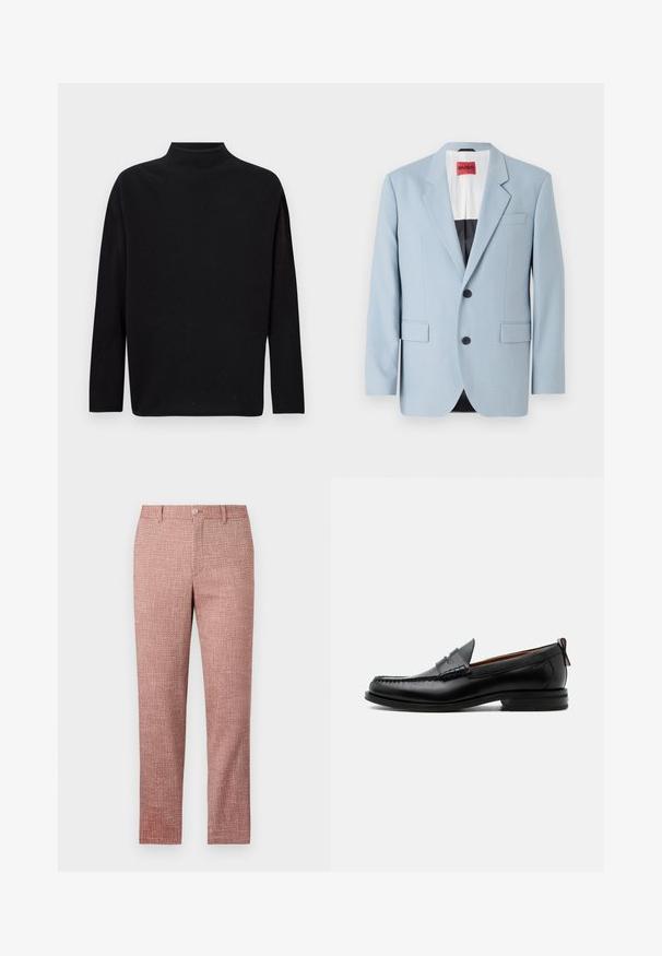 Blazer azul claro, de un solo botón, con dos botones, con solapas de pico, bolsillos frontales, interior con forro negro, textura de tela suave.; Suéter negro de cuello alto, hecho de un suave material de punto, con mangas largas, corte holgado y un escote alto. Sin patrones ni herrajes visibles.; Pantalones de tejido texturizado rojo con diseño de pierna recta, bolsillos frontales y cierre de botón. La tela presenta un patrón tejido para un detalle añadido.; Mocasín de hombre de piel negra con costura moc toe, tira penny, cuello texturizado y tacón bajo apilado sobre fondo blanco.