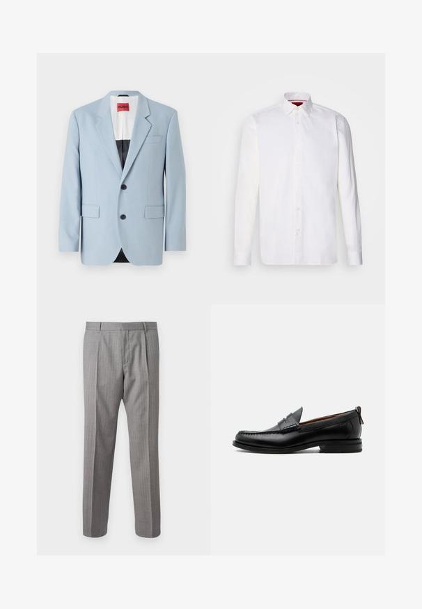 Lichtblauw blazer, enkelvoudig, met twee knopen, revers, voorzakken, interieur met zwarte voering, gladde stoftextuur.; Witte overhemd met lange mouwen van katoen, met een klassieke kraag, een voorkant met knopen en een gladde textuur. Rode details aan de binnenkant van de kraag.; Grijze, gestreepte broek met een getailleerde pasvorm, voorzien van voorplooien, riemlussen en een soepele textuur. Rechtoe rechtaan pijpen, nette boorden.; Zwarte leren herensloffen met moc toe stiksel, pennyriem, gestructureerde kraag en lage gestapelde hak op witte achtergrond.