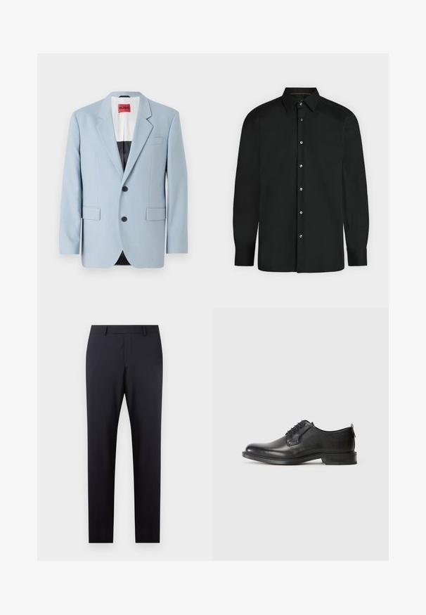 Lichtblauw blazer, enkelvoudig, met twee knopen, revers, voorzakken, interieur met zwarte voering, gladde stoftextuur.; Zwart overhemd met lange mouwen, knopen, een puntige kraag en met knopen gesloten manchetten, afgebeeld tegen een effen lichte achtergrond.; Donkerblauwe op maat gemaakte broek met een vlakke front, slim fit, zijzakken en een gladde textuur; geen zichtbare patronen of versieringen.; Zwarte leren veterschoenen voor mannen met een lage hak en een gladde afwerking, weergegeven in zijaanzicht op een effen lichte achtergrond.