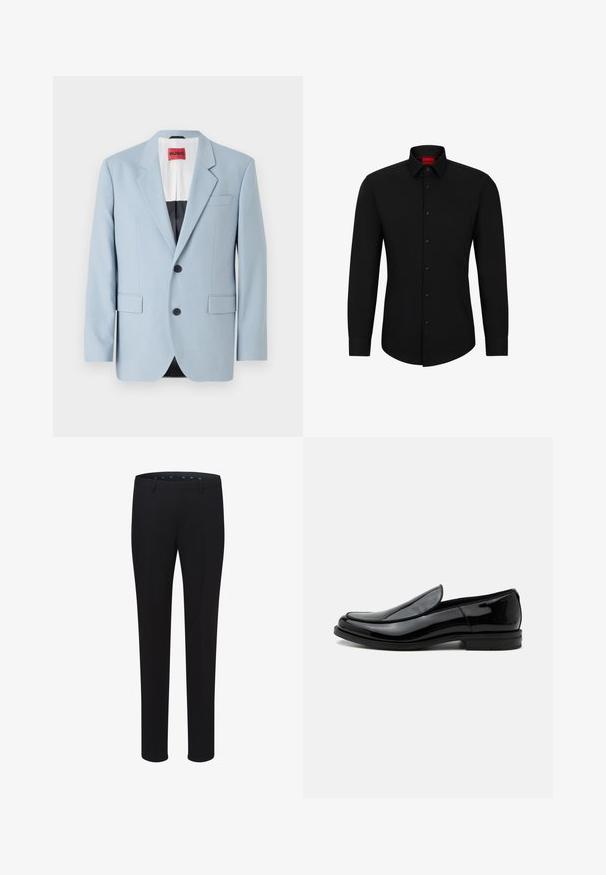 Blazer bleu clair, à un bouton, deux boutons, revers crantés, poches avant, intérieur avec doublure noire, texture de tissu lisse.; Chemise noire à manches longues avec un devant boutonné, col classique et ourlet arrondi ; comporte des boutons noirs et un logo rouge à l'intérieur du col.; Pantalons noirs ajustés avec une texture lisse, une coupe droite et des passants de ceinture. Présentent une coupe classique sans motifs ni accents visibles.; Chaussure de ville noire en cuir brillant à enfiler, avec talon bas et bout arrondi, vue de côté sur fond blanc uni.