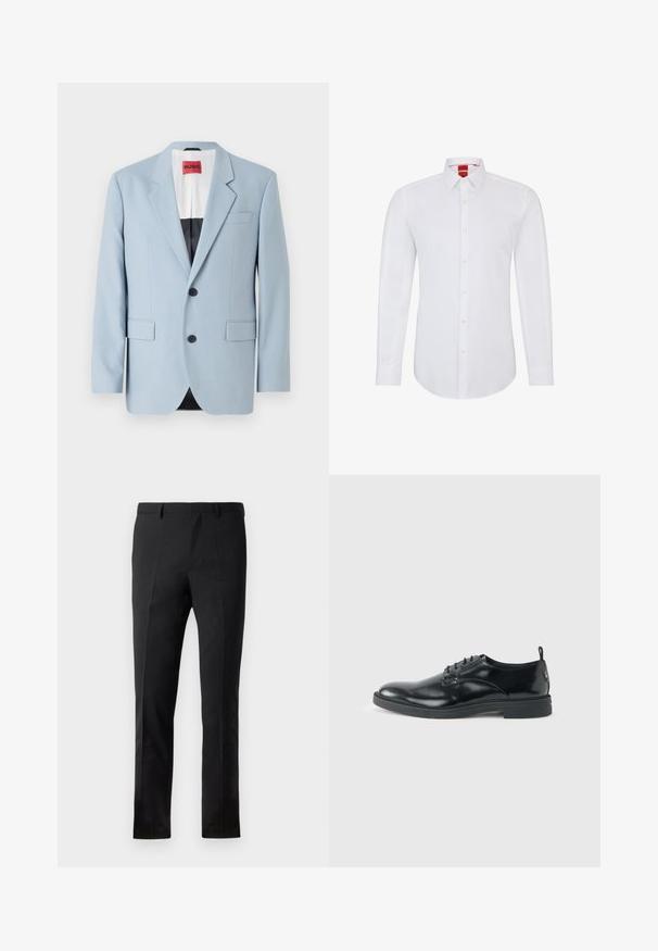 Blazer azul claro, de un solo botón, con dos botones, con solapas de pico, bolsillos frontales, interior con forro negro, textura de tela suave.; Camisa blanca de manga larga con cuello, que presenta un cierre frontal de botones y un tejido suave y liso. Sin patrones ni acentos visibles.; Pantalones negros con un corte ajustado, que presentan un frente plano, dos pliegues, pasadores para cinturón y una textura suave. Sin patrones ni accesorios visibles.; Zapato de vestir negro de cuero brillante con tacón bajo, cierre de cordones y puntera redonda, mostrado de lado sobre un fondo claro y liso.