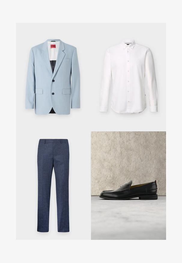 Lichtblauw blazer, enkelvoudig, met twee knopen, revers, voorzakken, interieur met zwarte voering, gladde stoftextuur.; Witte blouse met lange mouwen, knoopsluiting, knoopkraag en een klein geborduurd logo op de linkerborst.; Heren rechte marineblauwe formele broek met riemlussen, voorplooi en een subtiel gestructureerd stofpatroon.; Zwarte leren herenslipper met een krokodillen-embossed voorblad en een lage hak, zij-aanzicht op een neutrale achtergrond.