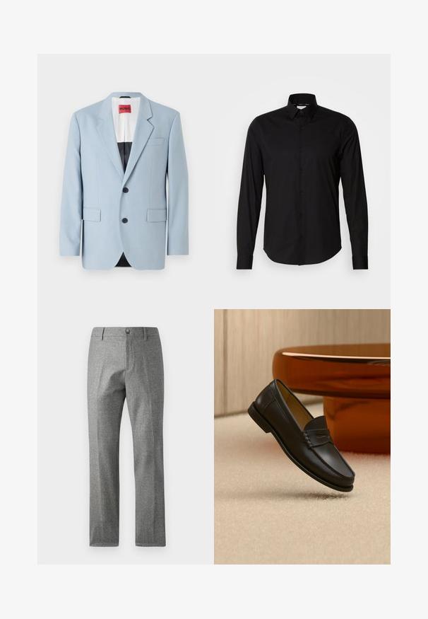 Blazer azul claro, de un solo botón, con dos botones, con solapas de pico, bolsillos frontales, interior con forro negro, textura de tela suave.; Camisa negra de manga larga hecha de tela suave. Presenta un cuello clásico, una botonera y un dobladillo recto. Sin patrones ni acentos presentes.; Pantalones grises texturizados con un diseño de pierna recta, que presentan un cierre frontal con botón y cremallera. Detalle sutil de patrón de espiga.; Zapato mocasín de cuero negro suspendido sobre una alfombra beige con muebles modernos de color ámbar en el fondo.