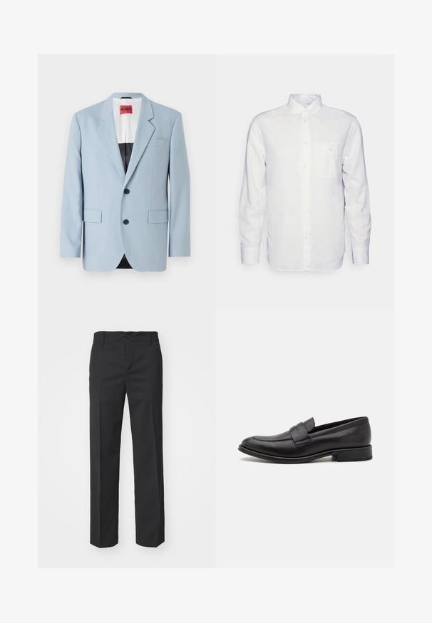 Blazer bleu clair, à un bouton, deux boutons, revers crantés, poches avant, intérieur avec doublure noire, texture de tissu lisse.; Chemise blanche à manches longues en coton, avec un col à rabat, une poche avant et une coupe régulière. Tissu texturé avec une surface lisse.; Filippa K TROY TROUSERS - Pantalon classique - black; Mocassin en cuir noir avec une finition lisse, une sangle décorative sur le dessus, un bout rond et un petit talon empilé.