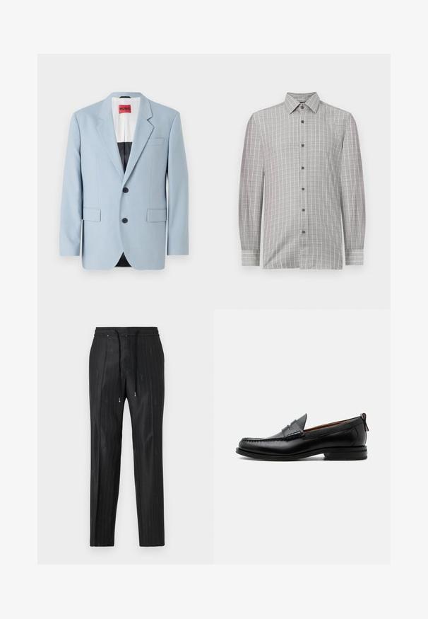 Blazer azul claro, de un solo botón, con dos botones, con solapas de pico, bolsillos frontales, interior con forro negro, textura de tela suave.; Camisa de manga larga para hombre en gris claro, con un patrón de cuadrícula y acentos oscuros, tapeta de botones y un collar clásico. Textura textil suave.; Pantalones negros de rayas finas hechos de una tela elegante, con una cómoda cinturilla elástica y detalles de cordón. Presentan un discreto logotipo.; Mocasín de hombre de piel negra con costura moc toe, tira penny, cuello texturizado y tacón bajo apilado sobre fondo blanco.