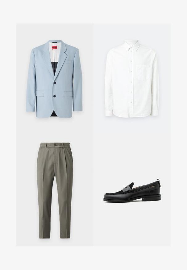 Blazer azul claro, de un solo botón, con dos botones, con solapas de pico, bolsillos frontales, interior con forro negro, textura de tela suave.; Camisa blanca de manga larga y botones, hecha de una tela ligera. Presenta un bolsillo frontal, cuello clásico y una textura sutil.; Pantalones beiges de corte recto, con cierre de botones, pliegues en la parte delantera y cinturilla elástica para mayor comodidad.; Mocasín de cuero negro con detalle de tira gris, tacón bajo y suela texturizada, con la marca "HUGO" en oro en el lateral.