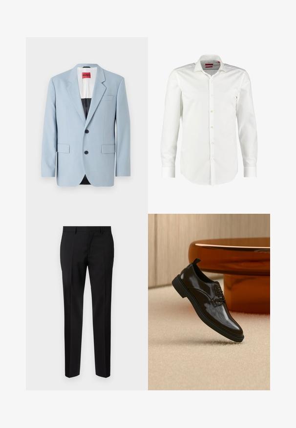 Lys blå blazer, enkeltrækket, to knapper, klippede kraver, forlommer, indvendig med sort foring, glat stofstruktur.; Hvid langærmet skjorte med knapper lavet af glat bomuldsstof. Har en klassisk krave, ren frontplacket og knapmanschetter.; Sorte skræddersyede bukser lavet af glat stof, med lige ben, raffinerede folder og en klassisk talje med bæltestropper.; Sort skinnende læder snøresko flydende over et beige tæppe med et blankt brunt rundt bord i baggrunden.