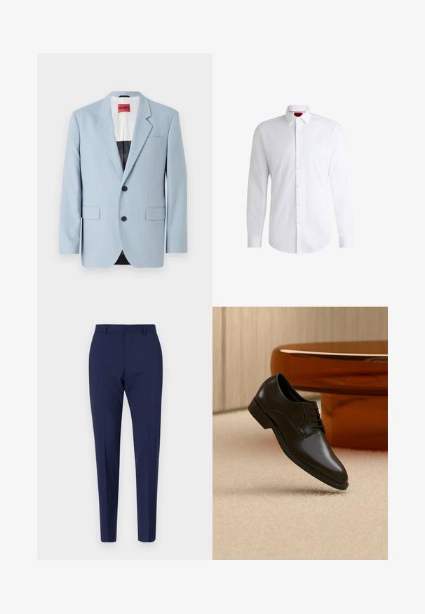 Blazer bleu clair, à un bouton, deux boutons, revers crantés, poches avant, intérieur avec doublure noire, texture de tissu lisse.; Chemise blanche à manches longues en tissu lisse avec un col classique et un ourlet arrondi. Présente des boutons beiges à l'avant.; Pantalon ajusté bleu marine, avec une coupe slim, présentant une texture lisse, un devant plat et des jambes pliées. Pas de poches visibles ni d'embellissements.; Chaussure habillée en cuir noir poli avec lacets, flottant au-dessus d'un tapis beige, avec une table ronde orange-brun brillante en arrière-plan.