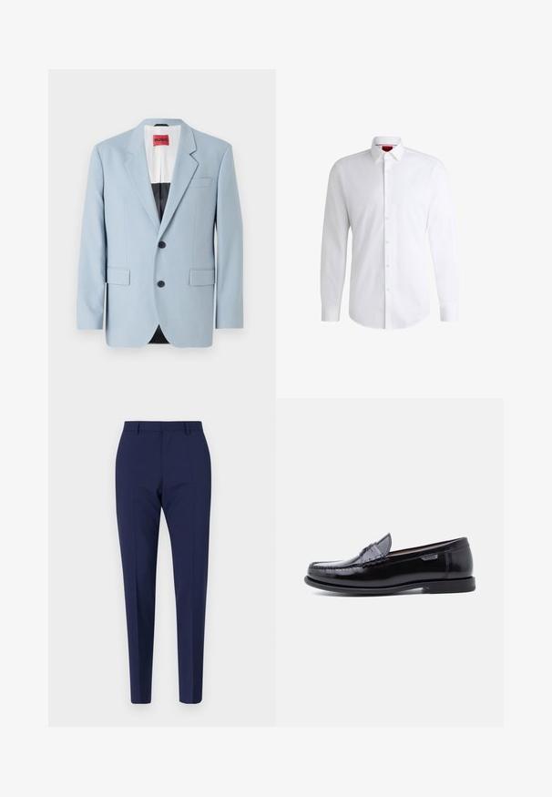 Blazer bleu clair, à un bouton, deux boutons, revers crantés, poches avant, intérieur avec doublure noire, texture de tissu lisse.; Chemise blanche à manches longues en tissu lisse avec un col classique et un ourlet arrondi. Présente des boutons beiges à l'avant.; Pantalon ajusté bleu marine, avec une coupe slim, présentant une texture lisse, un devant plat et des jambes pliées. Pas de poches visibles ni d'embellissements.; Mocassins en cuir noir avec une finition brillante, présentant un motif cousu sur l'avant-pied et une semelle en caoutchouc noire texturée et basse.