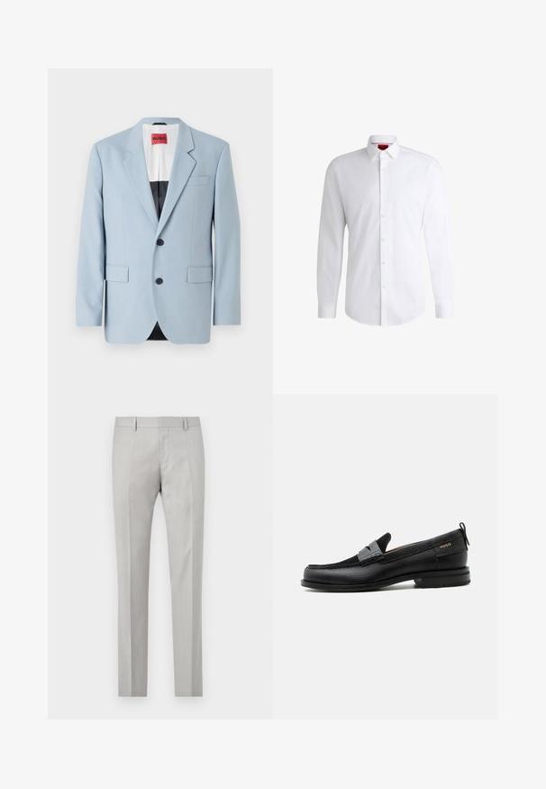 Blazer azul claro, de un solo botón, con dos botones, con solapas de pico, bolsillos frontales, interior con forro negro, textura de tela suave.; Camisa blanca de botones, confeccionada en tela suave, con collar clásico, mangas largas y dobladillo curvado. Presenta botones beige en la parte delantera.; Pantalones ajustados de color gris claro con una textura suave, frente plano y dos bolsillos laterales. Presentan piernas rectas y detalles de pliegue sutiles.; Mocasín de cuero negro con detalle de tira gris, tacón bajo y suela texturizada, con la marca "HUGO" en oro en el lateral.