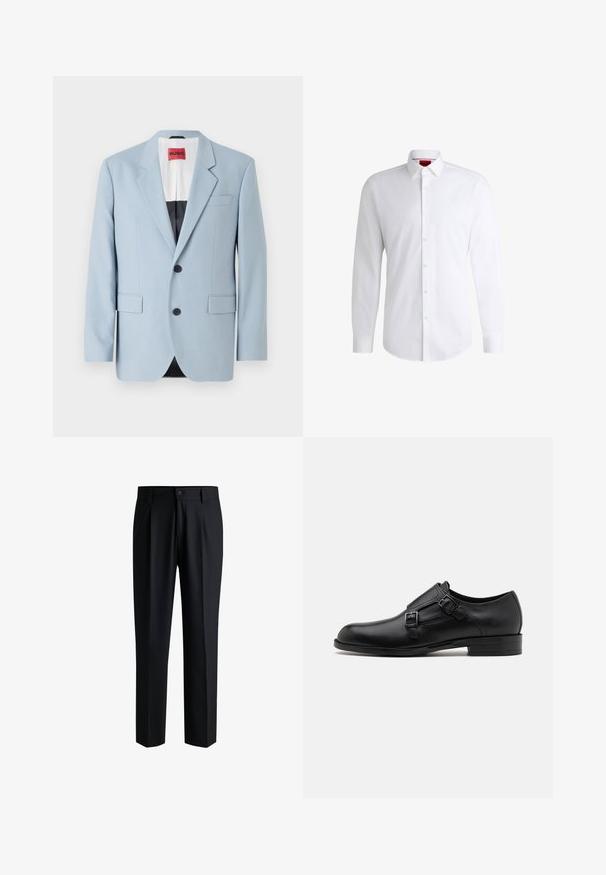 Blazer bleu clair, à un bouton, deux boutons, revers crantés, poches avant, intérieur avec doublure noire, texture de tissu lisse.; Chemise blanche à manches longues en tissu lisse avec un col classique et un ourlet arrondi. Présente des boutons beiges à l'avant.; Pantalons noirs en tissu lisse, avec une coupe droite, des plis à l'avant et une fermeture à bouton avec passants de ceinture.; Chaussure habillée en cuir noir avec double boucle, silhouette élégante et bout rond. Dispose d'un petit talon et d'une texture lisse.