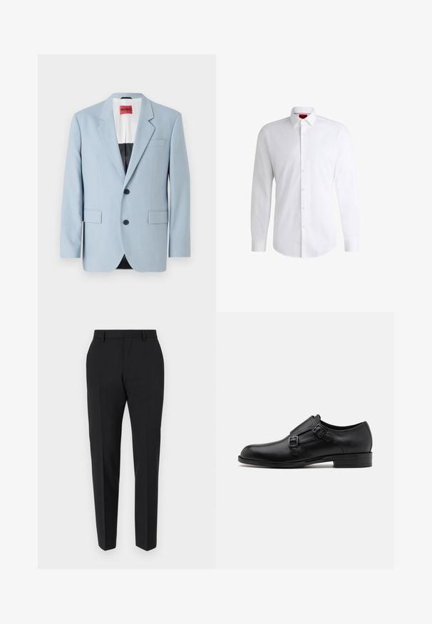 Lichtblauw blazer, enkelvoudig, met twee knopen, revers, voorzakken, interieur met zwarte voering, gladde stoftextuur.; Witte overhemden van soepel materiaal met een klassieke kraag, lange mouwen en een afgeronde zoom. Voorzien van beige knopen aan de voorkant.; Zwarte broek met een maatwerkontwerp, met een vlakke voorkant, plooidetails en een slanke pasvorm. Gemaakt van een gladde stof voor een verfijnde uitstraling.; Zwarte leren dresschoen met dubbele gespen, slank silhouet en ronde neus. Kenmerkt zich door een lage hak en een gladde textuur.