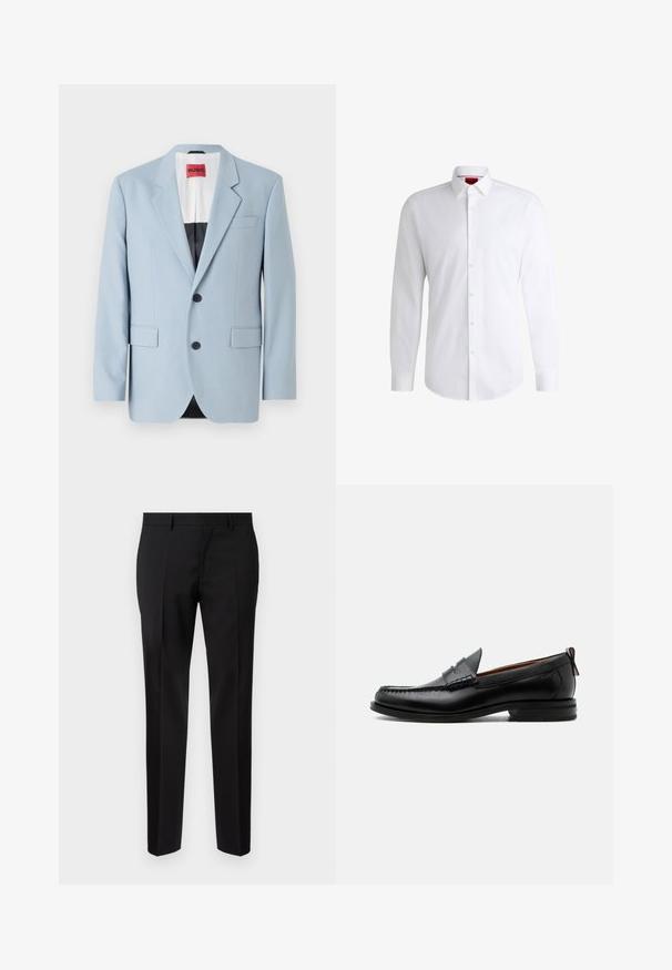 Blazer bleu clair, à un bouton, deux boutons, revers crantés, poches avant, intérieur avec doublure noire, texture de tissu lisse.; Chemise blanche à manches longues en tissu lisse avec un col classique et un ourlet arrondi. Présente des boutons beiges à l'avant.; Pantalons noirs ajustés en tissu lisse, présentant une jambe droite, des détails de pli raffinés et une taille classique avec passants de ceinture.; Mocassin homme en cuir noir avec couture moc toe, bride penny, col texturé et petit talon empilé sur fond blanc.