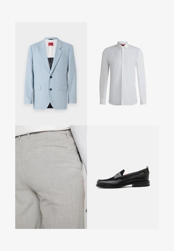 Blazer azul claro, de un solo botón, con dos botones, con solapas de pico, bolsillos frontales, interior con forro negro, textura de tela suave.; Camisa blanca de manga larga con cuello abotonado, que presenta una textura suave, corte recto y un detalle sutil a lo largo del pliegue frontal.; Pantalones grises claros a medida hechos de tela texturizada, con un solo bolsillo trasero y costuras limpias.; Mocasín de cuero negro con detalle de tira gris, tacón bajo y suela texturizada, con la marca "HUGO" en oro en el lateral.