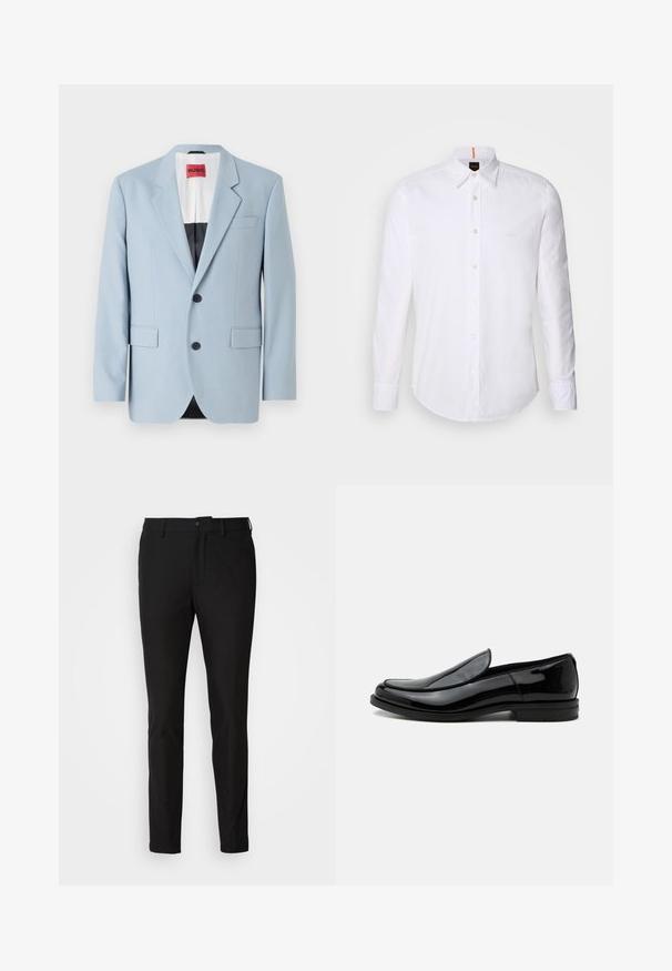 Blazer bleu clair, à un bouton, deux boutons, revers crantés, poches avant, intérieur avec doublure noire, texture de tissu lisse.; Chemise blanche à manches longues et à boutons en coton, avec un col classique, un logo discret près de la poitrine et des boutons blancs.; Pantalon noir ajusté, avec une fermeture à bouton, une braguette zippée et deux poches avant. Tissu lisse avec un fini mat.; Chaussure de ville noire en cuir brillant à enfiler, avec talon bas et bout arrondi, vue de côté sur fond blanc uni.