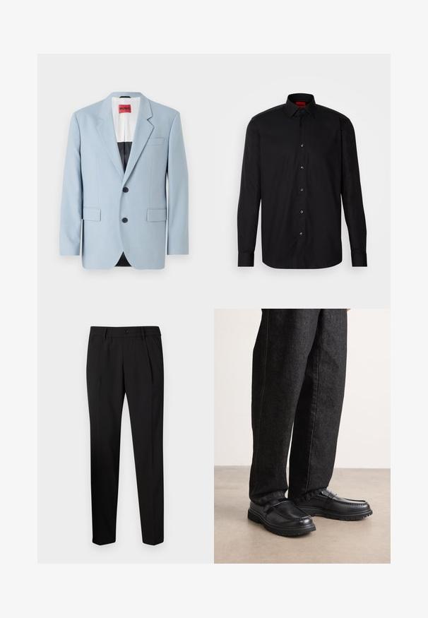 Blazer azul claro, de un solo botón, con dos botones, con solapas de pico, bolsillos frontales, interior con forro negro, textura de tela suave.; Camisa negra de manga larga hecha de una tela suave, con un cuello clásico con tapa, cierre frontal de botones y un ajuste entallado.; Pantalones negros a medida con corte recto, que cuentan con una cinturilla elástica, un cierre de un solo botón y dos pliegues frontales para un detalle adicional.; Zapatos de cuero negro con acabado texturizado, que cuentan con un diseño de costura elevada y suela de goma resistente, combinados con pantalones de mezclilla oscuros.