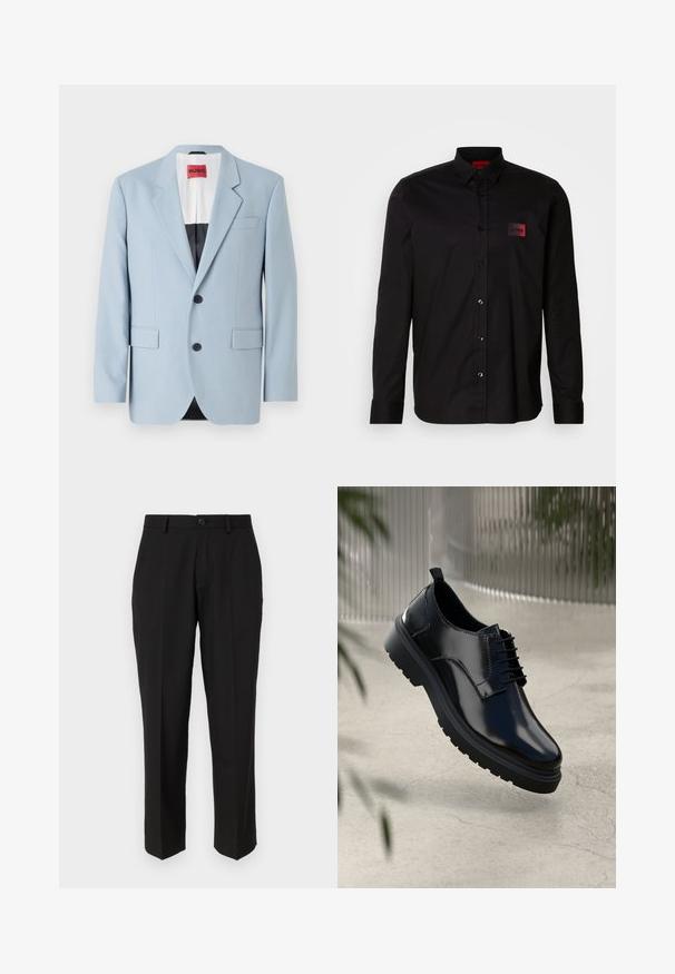 Blazer bleu clair, à un bouton, deux boutons, revers crantés, poches avant, intérieur avec doublure noire, texture de tissu lisse.; Chemise noire à manches longues en tissu lisse, dotée d'une fermeture à boutons, d'un col classique et d'un petit patch de marque rouge sur la poitrine.; Pantalon noir en tissu lisse, présentant une coupe droite, des poches avant, un bouton simple de fermeture et sans motifs visibles.; Chaussure en cuir noir avec une finition brillante, bout rond, design à lacets, surpiqûres contrastantes, et semelle épaisse en caoutchouc avec motifs de relief.