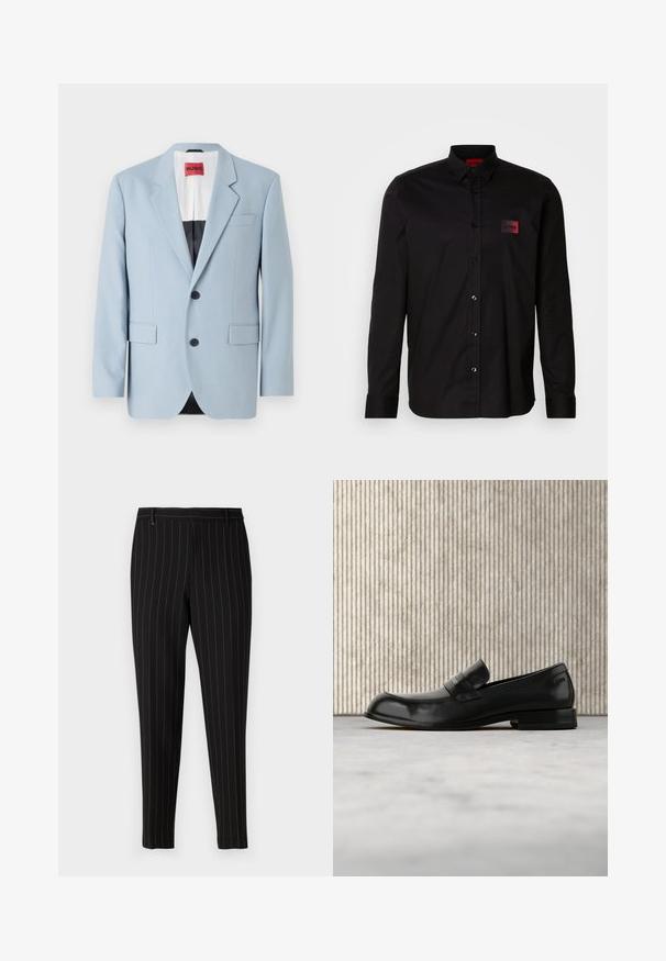 Hellblaues Sakko, einreihig, mit zwei Knöpfen, Reverskragen, Vordertaschen, Innenfutter mit schwarzer Biesen, glatte Stofftextur.; Schwarzes Langarmshirt aus glattem Stoff, mit Knopfverschluss, klassischem Kragen und einem kleinen roten Markenpatch auf der Brust.; Schwarze Hose mit feinen vertikalen Streifen, taillierte Passform, mit Fronttaschen und Gürtelschlaufen. Hergestellt aus einem glatten, strukturierten Stoff.; Schwarzer Leder-Loafer mit Metallakzent, der schwebend über einem beigen Teppich präsentiert wird, im Hintergrund ein runder, bernsteinfarbener Tisch.