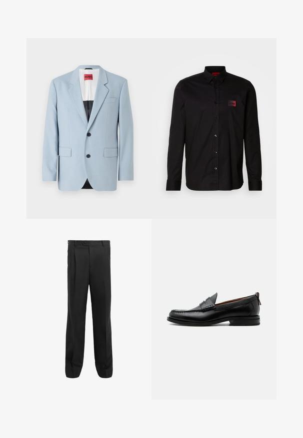 Blazer azul claro, de un solo botón, con dos botones, con solapas de pico, bolsillos frontales, interior con forro negro, textura de tela suave.; Camisa negra de manga larga hecha de tela suave, con cierre de botones, cuello clásico y un pequeño parche de marca en rojo en el pecho.; Pantalones negros con un diseño de pierna recta, que presentan pliegues, un cierre de un solo botón y trabillas para cinturón. Fabricados con una tela suave.; Mocasín de hombre de piel negra con costura moc toe, tira penny, cuello texturizado y tacón bajo apilado sobre fondo blanco.