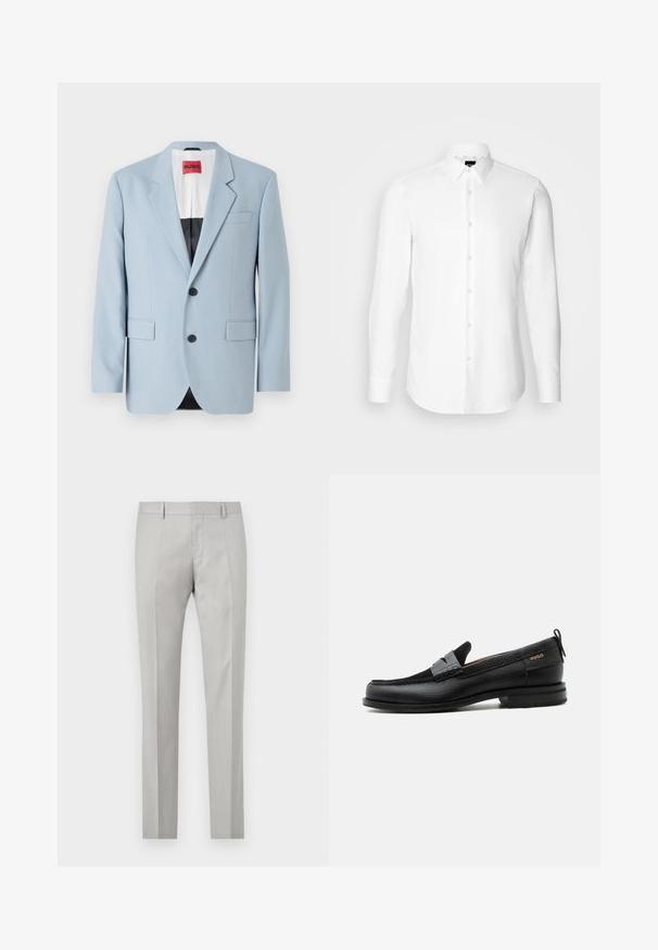 Blazer azul claro, de un solo botón, con dos botones, con solapas de pico, bolsillos frontales, interior con forro negro, textura de tela suave.; Camisa blanca de manga larga, con cierre de botones en el frente, cuello clásico, confeccionada con una tela suave con una textura sutil, diseñada para un ajuste entallado.; Pantalones ajustados de color gris claro con una textura suave, frente plano y dos bolsillos laterales. Presentan piernas rectas y detalles de pliegue sutiles.; Mocasín de cuero negro con detalle de tira gris, tacón bajo y suela texturizada, con la marca "HUGO" en oro en el lateral.