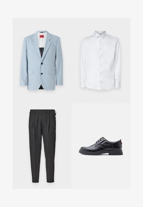 Lichtblauw blazer, enkelvoudig, met twee knopen, revers, voorzakken, interieur met zwarte voering, gladde stoftextuur.; Witte lange mouw shirt gemaakt van gladde stof, met een klassieke kraag, knoopsluiting en manchetten met knopen, gepresenteerd tegen een effen achtergrond.; Zwarte broek van gladde stof, met een geplooide voorkant, elastische tailleband en rechte pijpen met een taps toelopende onderkant.; Zwarte leren veter schoenen met een gladde textuur, ronde neus en subtiel stiksel detail. Voorzien van een rode trekband op de hiel.