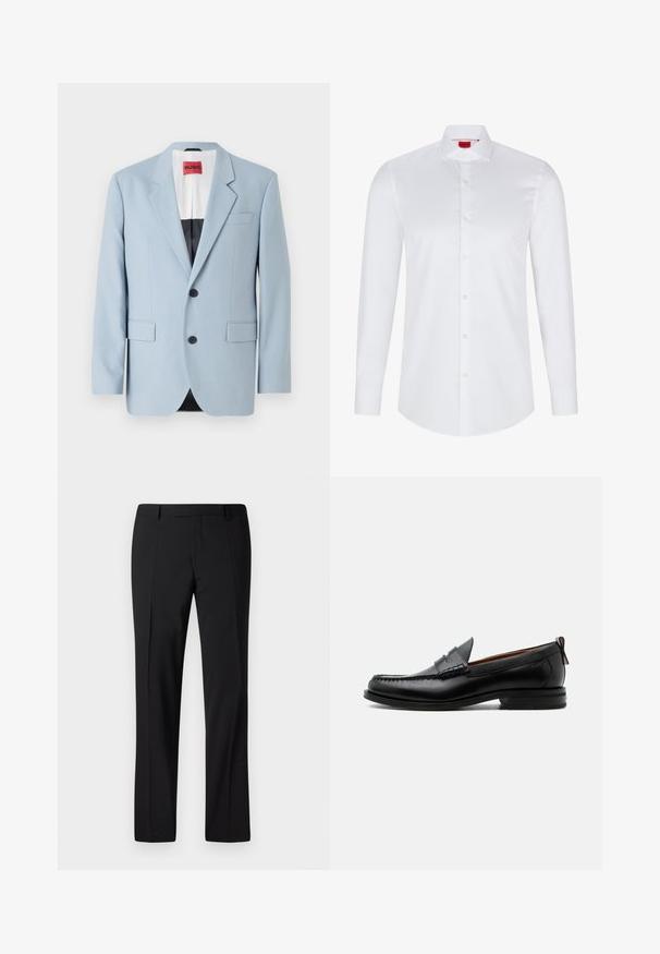 Lichtblauw blazer, enkelvoudig, met twee knopen, revers, voorzakken, interieur met zwarte voering, gladde stoftextuur.; Witte lange mouwen knoopsluiting shirt gemaakt van soepel katoen. Beschikt over een klassieke kraag, volledige knoopsluiting en afgeronde zoom.; Zwarte op maat gemaakte broek met een rechte pijp ontwerp, voorzien van een gladde textuur, geplooide voorkant en een klassieke tailleband voor een formele uitstraling.; Zwarte leren herensloffen met moc toe stiksel, pennyriem, gestructureerde kraag en lage gestapelde hak op witte achtergrond.
