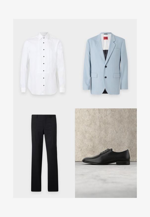 Blazer bleu clair, à un bouton, deux boutons, revers crantés, poches avant, intérieur avec doublure noire, texture de tissu lisse.; Chemise blanche à manches longues avec panneau avant plissé et boutons noirs, dotée d'un col pointu et de poignets boutonnés.; Pantalons noirs ajustés avec une coupe droite, des plis marqués et une finition lisse. Fabriqués en tissu léger avec une taille nette.; Chaussure habillée en cuir noir au design épuré, à bout arrondi, avec cinq œillets pour les lacets et un petit talon rehaussé. Détail du logo embossé subtil.