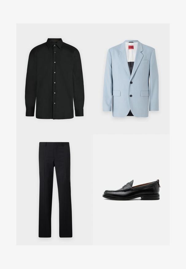 Lys blå blazer, enkeltrækket, to knapper, klippede kraver, forlommer, indvendig med sort foring, glat stofstruktur.; Sort skjorte med lange ærmer, knapper foran, spids krave og knapmanchetter, vist mod en ensformet lys baggrund.; Sorte skræddersyede bukser med et lige ben design, skarpe folder og en glat overflade. Fremstillet af letvægtsstof med en ren talje.; Sort læder herre loafer med moc-tå syning, penny strop, struktureret krave og lav stablet hæl på hvid baggrund.