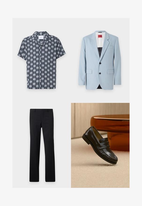 Hellblaues Sakko, einreihig, mit zwei Knöpfen, Reverskragen, Vordertaschen, Innenfutter mit schwarzer Biesen, glatte Stofftextur.; Kurzarmhemd aus navyblauem Stoff mit einem weißen und hellblauen aufwendigen Muster, mit Knopfverschluss und Kragen.; Schwarze maßgeschneiderte Hose mit geradem Schnitt, scharfen Falten und glatter Oberfläche. Hergestellt aus leichtem Stoff mit einem sauberen Bund.; Glänzender schwarzer Leder-Loafer mit einem Riemendetail, auf einem beigen Teppich neben einem runden braunen Couchtisch in einem sanft beleuchteten Raum platziert.