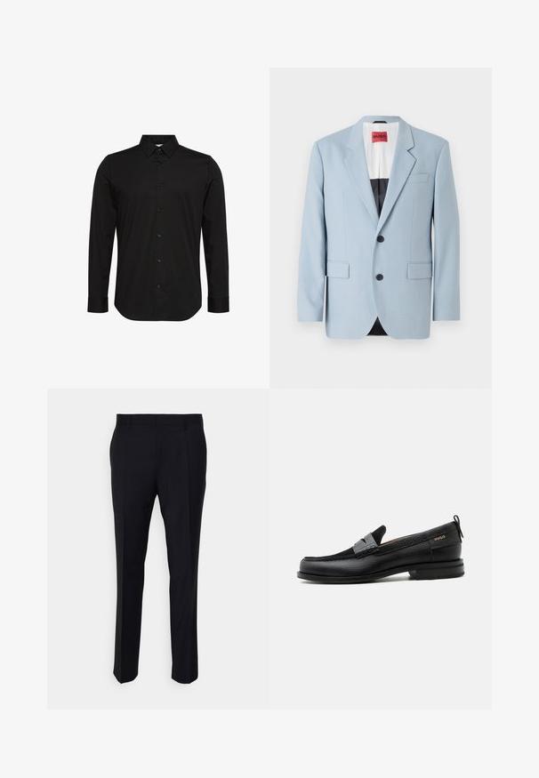 Blazer azul claro, de un solo botón, con dos botones, con solapas de pico, bolsillos frontales, interior con forro negro, textura de tela suave.; Camisa negra de manga larga hecha de tela suave, con un cuello puntiagudo, cierre frontal con botones y un pequeño logo en el pecho.; Pantalones negros confeccionados en tela tejida, con un corte ajustado, frente plano, bolsillos laterales y un diseño de pierna recta.; Mocasín de cuero negro con detalle de tira gris, tacón bajo y suela texturizada, con la marca "HUGO" en oro en el lateral.