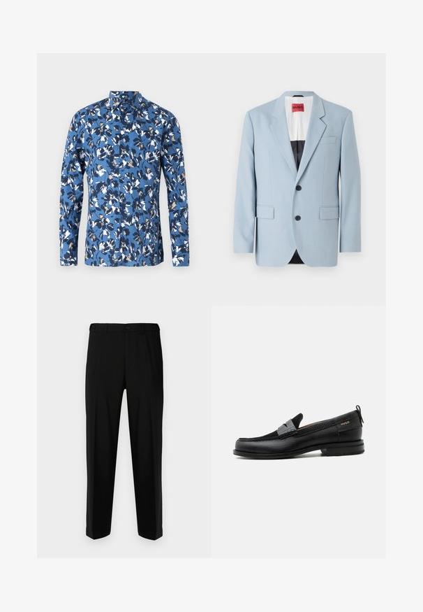 Lys blå blazer, enkeltrækket, to knapper, klippede kraver, forlommer, indvendig med sort foring, glat stofstruktur.; Blå langærmet skjorte med knapper, der har et blomsterprint i hvide, marine- og brune nuancer. Fremstillet af blødt bomuldsstof med krave.; Sorte bukser lavet af glat stof, med lige snit, to forlommer og lynlås med knaplukning.; Sort læderloafer med grå remdetalje, lav hæl og tekstureret sål, mærket med "HUGO" i guld på siden.