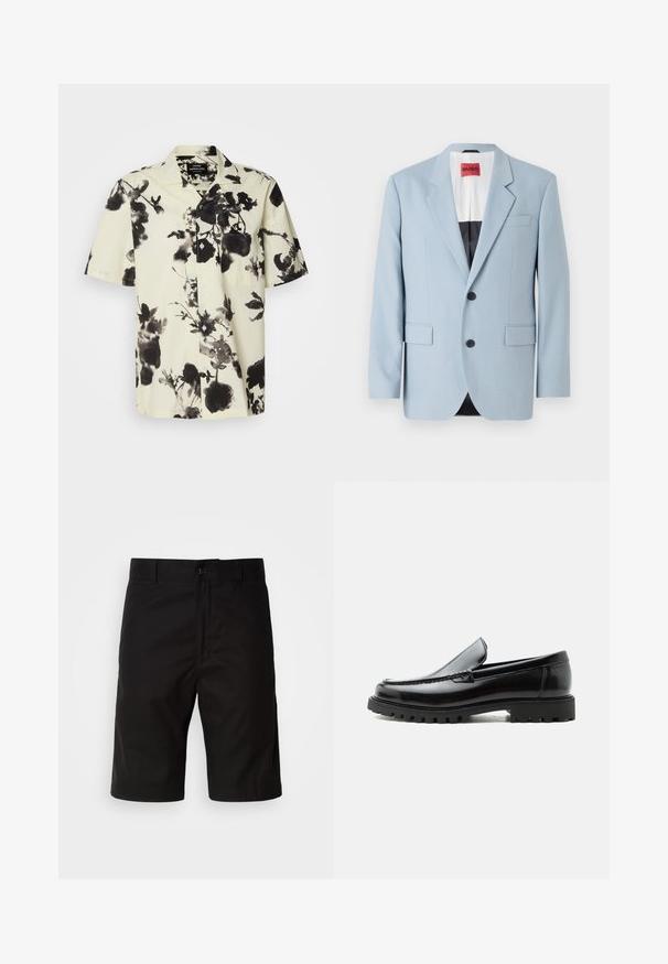 Blazer azul claro, de un solo botón, con dos botones, con solapas de pico, bolsillos frontales, interior con forro negro, textura de tela suave.; Camisa de manga corta con base crema y patrones florales negros. Hecha de un tejido ligero, tiene un cierre de botones en la parte delantera y un bolsillo en el pecho.; Pantalones cortos negros de tela sólida, con corte recto, cierre de botón y una textura suave sin patrones visibles.; Mocasín de cuero negro con suela de goma gruesa, empeine cosido y nombre de la marca en relieve en el talón, mostrado en perfil lateral sobre fondo blanco.