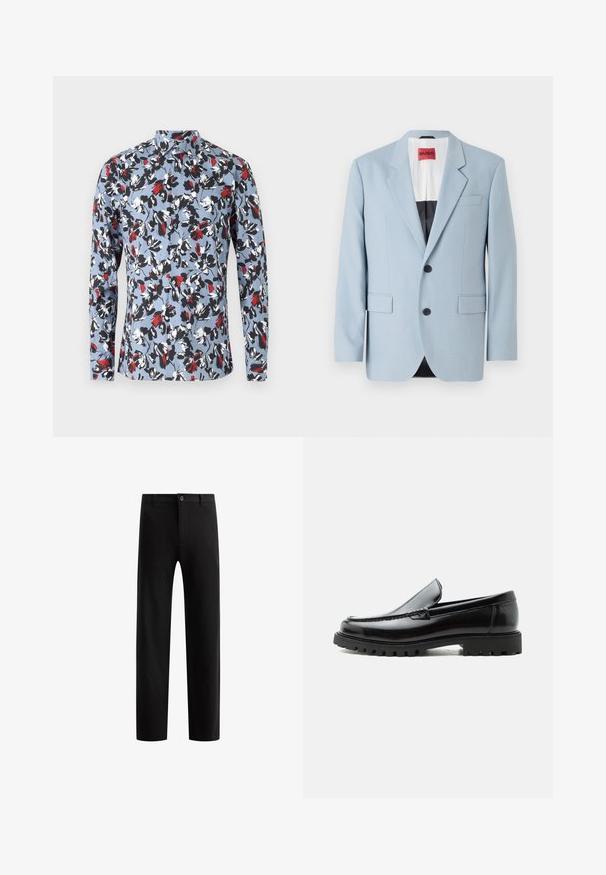 Lys blå blazer, enkeltrækket, to knapper, klippede kraver, forlommer, indvendig med sort foring, glat stofstruktur.; Lynlange skjorte med knapper i lyseblå med et blomstermønster i rød, sort og hvid. Har en krave og frontknaplukning.; Sorte skræddersyede bukser med flad front, lige ben, enkelt knaplukning og bæltestropper, lavet af et glat stof uden synlige mønstre.; Sort læderloafer med chunky gummisål, syet overdel og præget mærkenavn på hælen, vist i sideprofil på hvid baggrund.