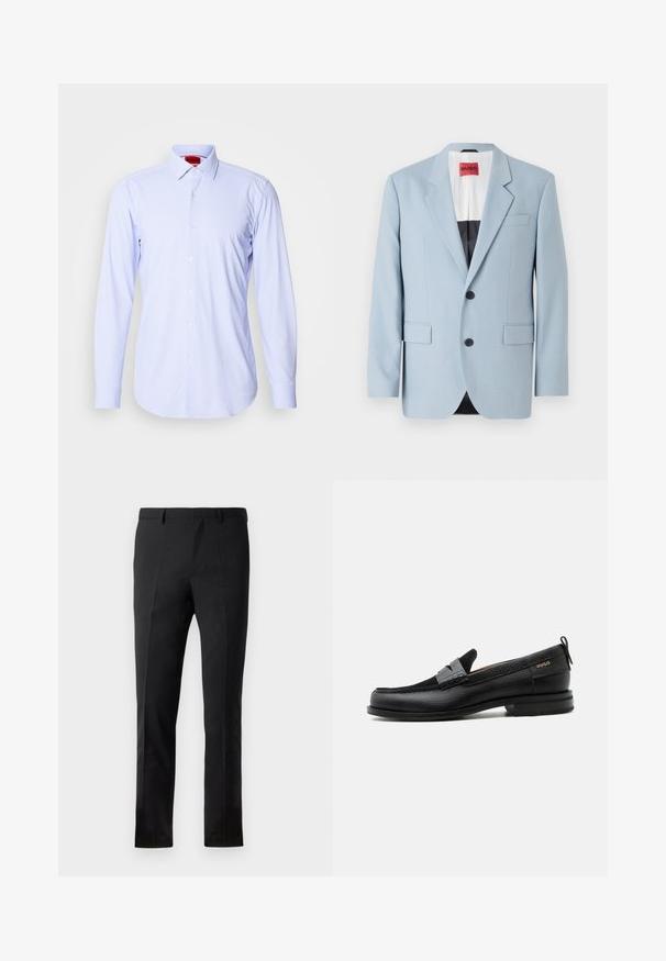 Lys blå blazer, enkeltrækket, to knapper, klippede kraver, forlommer, indvendig med sort foring, glat stofstruktur.; Lysblå mønstret skjorte med lange ærmer og klassisk krave. Har små firkanter og hvide knapper. Glat stofstruktur.; Sorte bukser med en skræddersyet pasform, der har en flad front, to pressefolder, bæltestropper og en glat overflade. Ingen synlige mønstre eller beslag.; Sort læderloafer med grå remdetalje, lav hæl og tekstureret sål, mærket med "HUGO" i guld på siden.