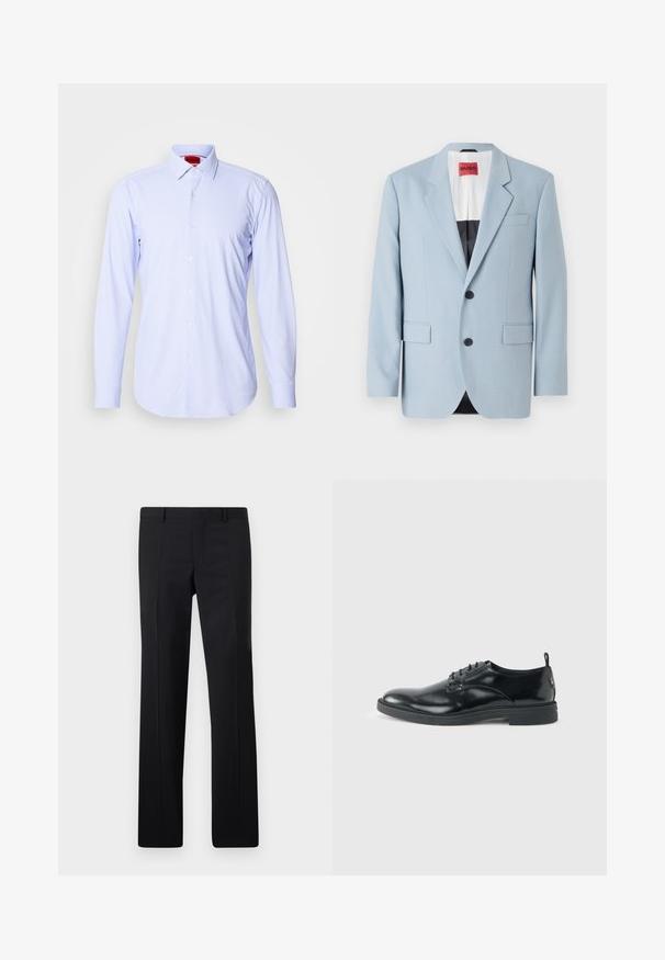 Blazer azul claro, de un solo botón, con dos botones, con solapas de pico, bolsillos frontales, interior con forro negro, textura de tela suave.; Camisa abotonada de manga larga de un azul claro con un patrón, y un cuello clásico. Presenta pequeños cuadrados y botones blancos. Textura de tela suave.; Pantalones negros ajustados con un diseño de pierna recta, pliegues marcados y un acabado suave. Fabricados en tejido ligero con una cintura limpia.; Zapato de vestir negro de cuero brillante con tacón bajo, cierre de cordones y puntera redonda, mostrado de lado sobre un fondo claro y liso.