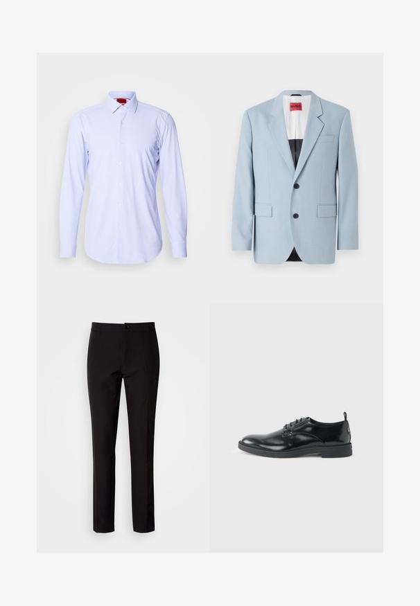 Lichtblauw blazer, enkelvoudig, met twee knopen, revers, voorzakken, interieur met zwarte voering, gladde stoftextuur.; Lichtblauwe geblokte button-up shirt met lange mouwen en een klassieke kraag. Kenmerkt zich door kleine vierkanten en witte knopen. Glad stoffen textuur.; Zwarte broek van gladde stof, met rechte pijpen, een sluiting met knopen aan de voorkant en subtiele zijzakken. Eenvoudige en op maat gemaakte uitstraling.; Glanzende zwarte lederen nette schoen met lage hak, vetersluiting en ronde neus, van opzij getoond tegen een effen lichte achtergrond.