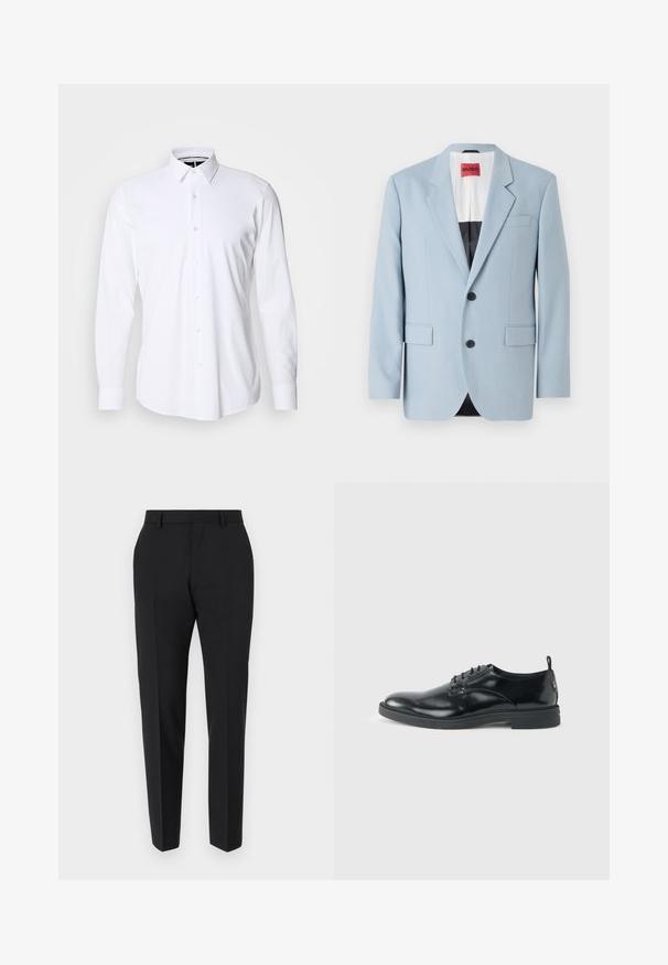 Blazer bleu clair, à un bouton, deux boutons, revers crantés, poches avant, intérieur avec doublure noire, texture de tissu lisse.; Chemise blanche à manches longues avec boutons, en tissu lisse, dotée d'un col pointu et d'une coupe régulière. Présente une patte de boutonnage à l'avant avec six boutons.; Pantalons noirs au design ajusté, avec un devant plat, des détails de plis et une coupe élégante. Fabriqués en tissu lisse pour un look raffiné.; Chaussure habillée en cuir noir brillant avec un petit talon, fermeture à lacets et bout rond, vue de côté sur un fond uni et clair.