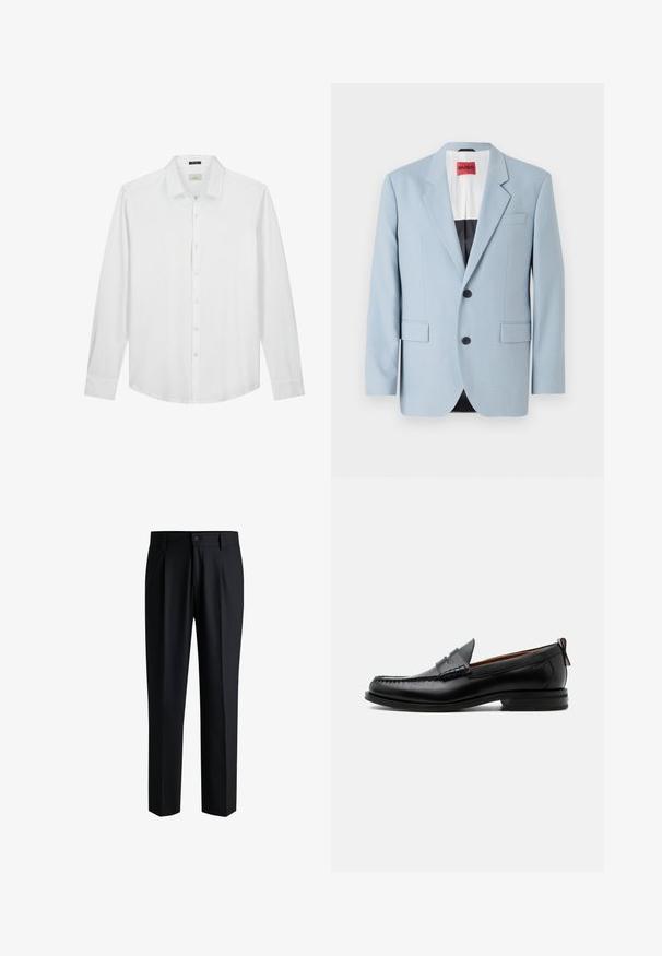 Lys blå blazer, enkeltrækket, to knapper, klippede kraver, forlommer, indvendig med sort foring, glat stofstruktur.; Hvid langærmet skjorte, knapned krave, blød tekstur, glat stof, diskret logo på brystet og klassisk pasform med buet kant.; Sorte bukser lavet af glat stof, med lige ben-design, plisseringer foran og knaplukning med bæltestropper.; Sort læder herre loafer med moc-tå syning, penny strop, struktureret krave og lav stablet hæl på hvid baggrund.