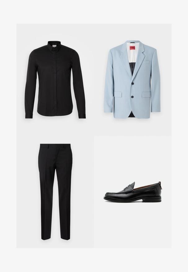 Lichtblauw blazer, enkelvoudig, met twee knopen, revers, voorzakken, interieur met zwarte voering, gladde stoftextuur.; Zwarte langarmshirt van gladde stof, met een button-down kraag, een voorpannetje en een subtiele logo detail op de borst.; Zwarte op maat gemaakte broeken van een gladde stof, met een rechte pijp, verfijnde plooidetails en een klassieke tailleband met riemlussen.; Zwarte leren herensloffen met moc toe stiksel, pennyriem, gestructureerde kraag en lage gestapelde hak op witte achtergrond.