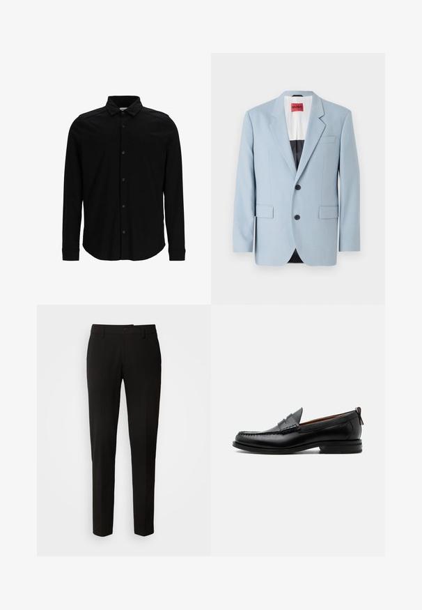 Blazer bleu clair, à un bouton, deux boutons, revers crantés, poches avant, intérieur avec doublure noire, texture de tissu lisse.; Chemise noire à manches longues en tissu lisse, dotée d'un devant à boutons, d'un col et d'un logo brodé subtil sur la poitrine.; Pantalons noirs avec un design à jambes droites, dotés d'une fermeture à boutons, de passants de ceinture et d'une texture de tissu lisse. Pas de motifs ou d'accents visibles.; Mocassin homme en cuir noir avec couture moc toe, bride penny, col texturé et petit talon empilé sur fond blanc.
