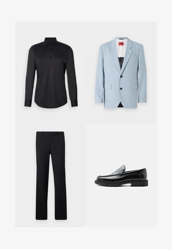 Lys blå blazer, enkeltrækket, to knapper, klippede kraver, forlommer, indvendig med sort foring, glat stofstruktur.; Sort skjorte med knaplukning, lavet af glat stof, med klassisk krave, lange ærmer og knaplukning foran.; Sorte skræddersyede bukser med et lige ben design, skarpe folder og en glat overflade. Fremstillet af letvægtsstof med en ren talje.; Sort læderloafer med chunky gummisål, syet overdel og præget mærkenavn på hælen, vist i sideprofil på hvid baggrund.