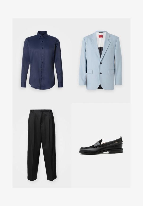 Hellblaues Sakko, einreihig, mit zwei Knöpfen, Reverskragen, Vordertaschen, Innenfutter mit schwarzer Biesen, glatte Stofftextur.; Marineblaues langärmliges Herrenhemd mit spitzem Kragen und vorderem Knopfverschluss, auf einem einfarbigen weißen Hintergrund präsentiert.; Schwarze, taillierte Hosen mit hoher Taille, weitem Bein und scharfen Falten. Aus glattem Stoff gefertigt, mit Gürtelschlaufen und ohne sichtbare Beschläge.; Schwarzer Lederloafer mit grauem Riemendetail, niedrigem Absatz und strukturierter Sohle, seitlich mit „HUGO“ in Gold gebrandmarkt.