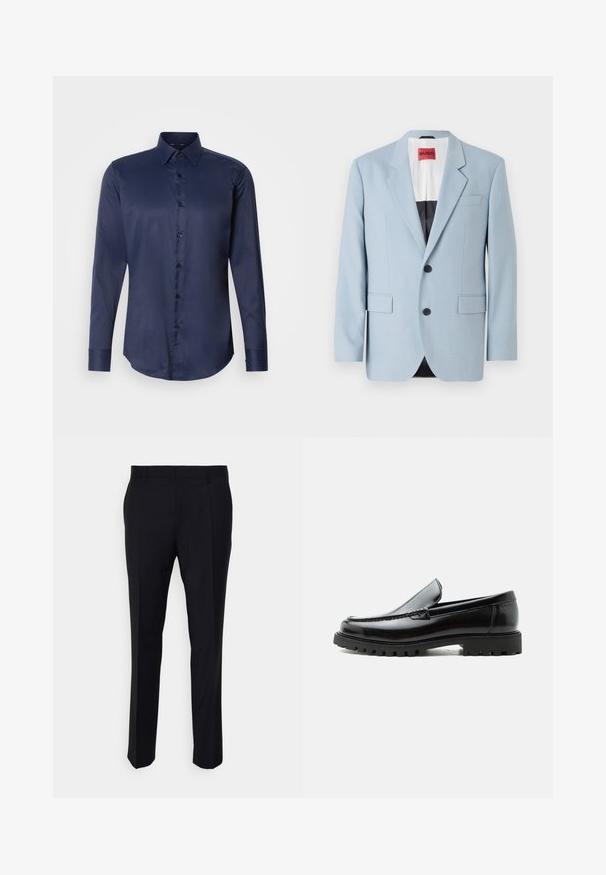 Lichtblauw blazer, enkelvoudig, met twee knopen, revers, voorzakken, interieur met zwarte voering, gladde stoftextuur.; Navyblauwe herenoverhemd met lange mouwen, puntige kraag en knoopsluiting aan de voorkant, weergegeven op een eenvoudige witte achtergrond.; Zwarte broeken gemaakt van geweven stof, met een getailleerde pasvorm, een vlakke voorkant, zijzakken en een rechte pijpdesign.; Zwarte leren loafer met dikke rubberen zool, gestikte bovenkant en gegraveerde merknaam op de hiel, zijaanzicht op witte achtergrond.