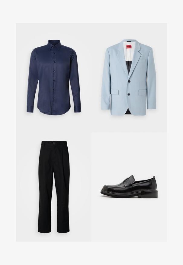 Blazer azul claro, de un solo botón, con dos botones, con solapas de pico, bolsillos frontales, interior con forro negro, textura de tela suave.; Camisa de vestir de manga larga para hombre en azul marino, con cuello puntiagudo y cierre frontal de botones, presentada sobre un fondo blanco liso.; Pantalones rectos negros con cintura con botones, trabillas para cinturón y pliegue frontal, exhibidos sobre un fondo blanco liso.; Calvin Klein MOCCASIN - Mocasines elegantes - black