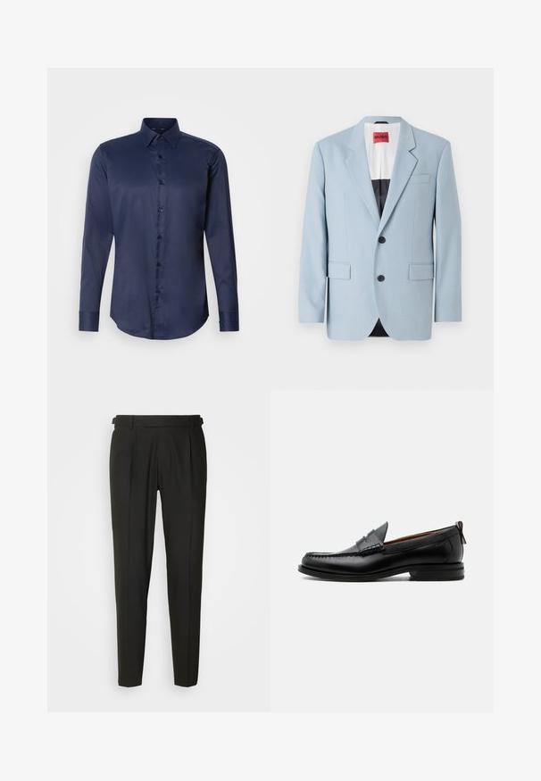 Blazer azul claro, de un solo botón, con dos botones, con solapas de pico, bolsillos frontales, interior con forro negro, textura de tela suave.; Camisa de vestir de manga larga para hombre en azul marino, con cuello puntiagudo y cierre frontal de botones, presentada sobre un fondo blanco liso.; Pantalones negros ajustados con frontales lisos, dos pliegues, trabillas para cinturón y diseño de pierna recta. Fabricados con una tela suave y ligera.; Mocasín de hombre de piel negra con costura moc toe, tira penny, cuello texturizado y tacón bajo apilado sobre fondo blanco.