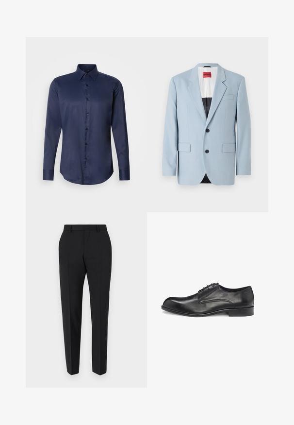 Lichtblauw blazer, enkelvoudig, met twee knopen, revers, voorzakken, interieur met zwarte voering, gladde stoftextuur.; Navyblauwe herenoverhemd met lange mouwen, puntige kraag en knoopsluiting aan de voorkant, weergegeven op een eenvoudige witte achtergrond.; Zwarte broek met een maatwerkontwerp, met een vlakke voorkant, plooidetails en een slanke pasvorm. Gemaakt van een gladde stof voor een verfijnde uitstraling.; Zwarte lederen veterschoen met een gladde afwerking, een afgeronde neus, minimale stiksels en een platte rubberen zool. Op de zijkant bevindt zich het merkembleem.