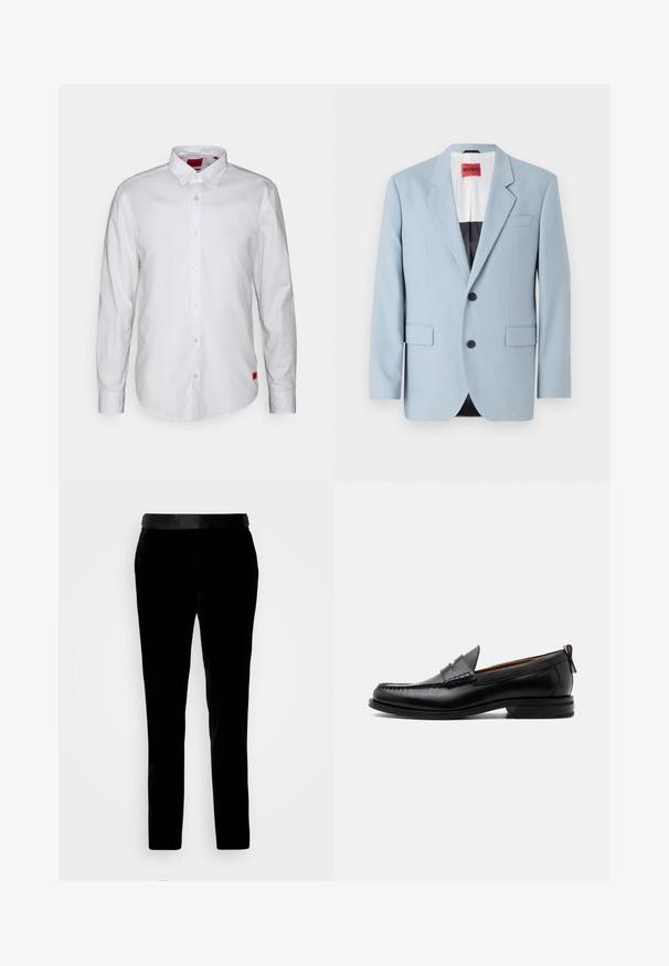 Blazer bleu clair, à un bouton, deux boutons, revers crantés, poches avant, intérieur avec doublure noire, texture de tissu lisse.; Chemise blanche à manches longues avec un col boutonné, fabriquée en tissu léger. Présente une étiquette de marque discrète en rouge sur le bas.; Pantalon en velours noir à coupe ajustée, texture lisse et ceinture assortie. Il présente des jambes droites et des poches latérales.; Mocassin homme en cuir noir avec couture moc toe, bride penny, col texturé et petit talon empilé sur fond blanc.