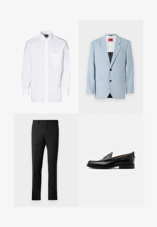 Lichtblauw blazer, enkelvoudig, met twee knopen, revers, voorzakken, interieur met zwarte voering, gladde stoftextuur.; Witte overhemdd met lange mouwen, knoopsluiting aan de voorkant, één borstzak, klassieke kraag en een gladde textuur.; Zwarte broeken met een getailleerde pasvorm, voorzien van een flat front, twee plooien, riemlussen en een gladde textuur. Geen zichtbare patronen of hardware.; Zwarte leren herensloffen met moc toe stiksel, pennyriem, gestructureerde kraag en lage gestapelde hak op witte achtergrond.