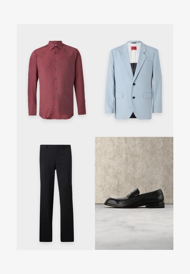 Blazer bleu clair, à un bouton, deux boutons, revers crantés, poches avant, intérieur avec doublure noire, texture de tissu lisse.; Chemise à manches longues, boutonnée, en tissu bordeaux avec un motif texturé et des boutons bleu foncé ; elle présente un col pointu et un ourlet droit.; Pantalons noirs ajustés avec une coupe droite, des plis marqués et une finition lisse. Fabriqués en tissu léger avec une taille nette.; Mocassin en cuir noir avec un accent métallique, présenté en lévitation au-dessus d'un tapis beige, avec une table ronde de couleur ambre en arrière-plan.